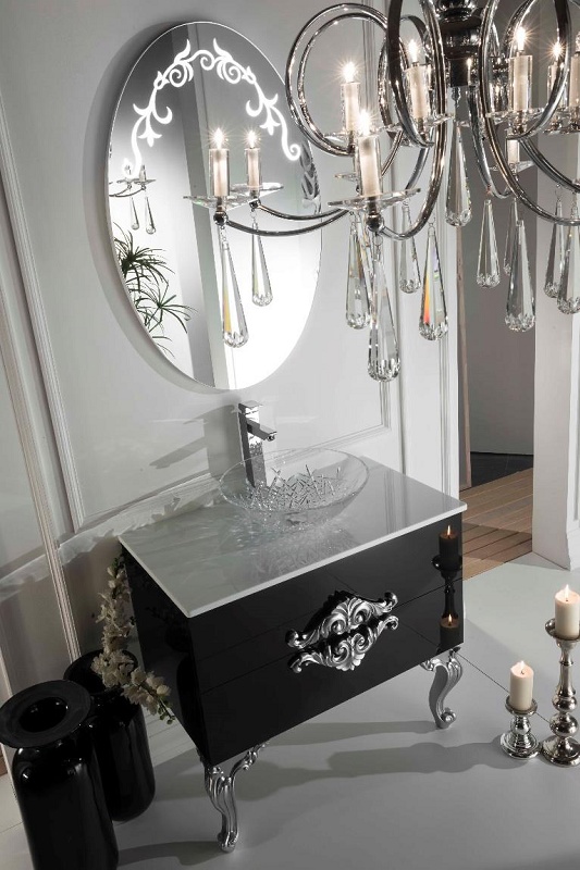 Мебель для ванной Antonio Valanti NeoArt Раковина хрустальная с черной тумбой и с зеркалом