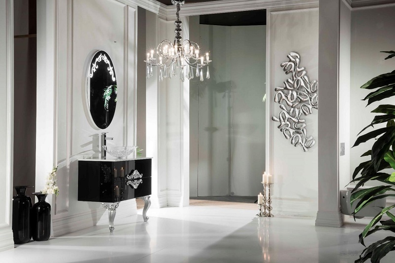 Мебель для ванной Antonio Valanti NeoArt Раковина хрустальная с черной тумбой и с зеркалом