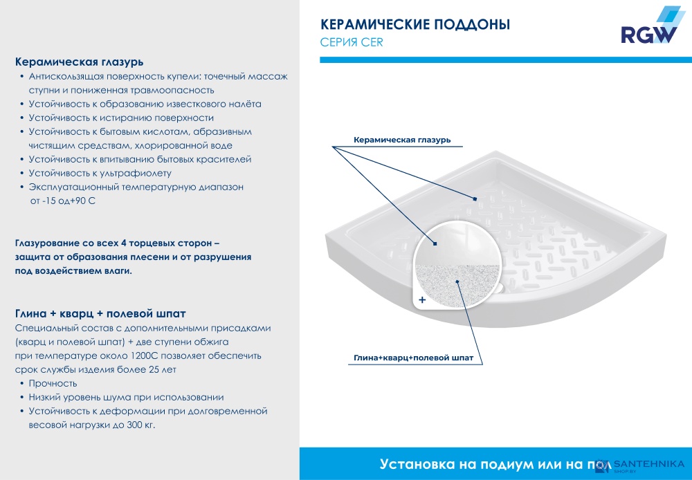 Душевой поддон полукруглый керамический RGW CR/R 80x80